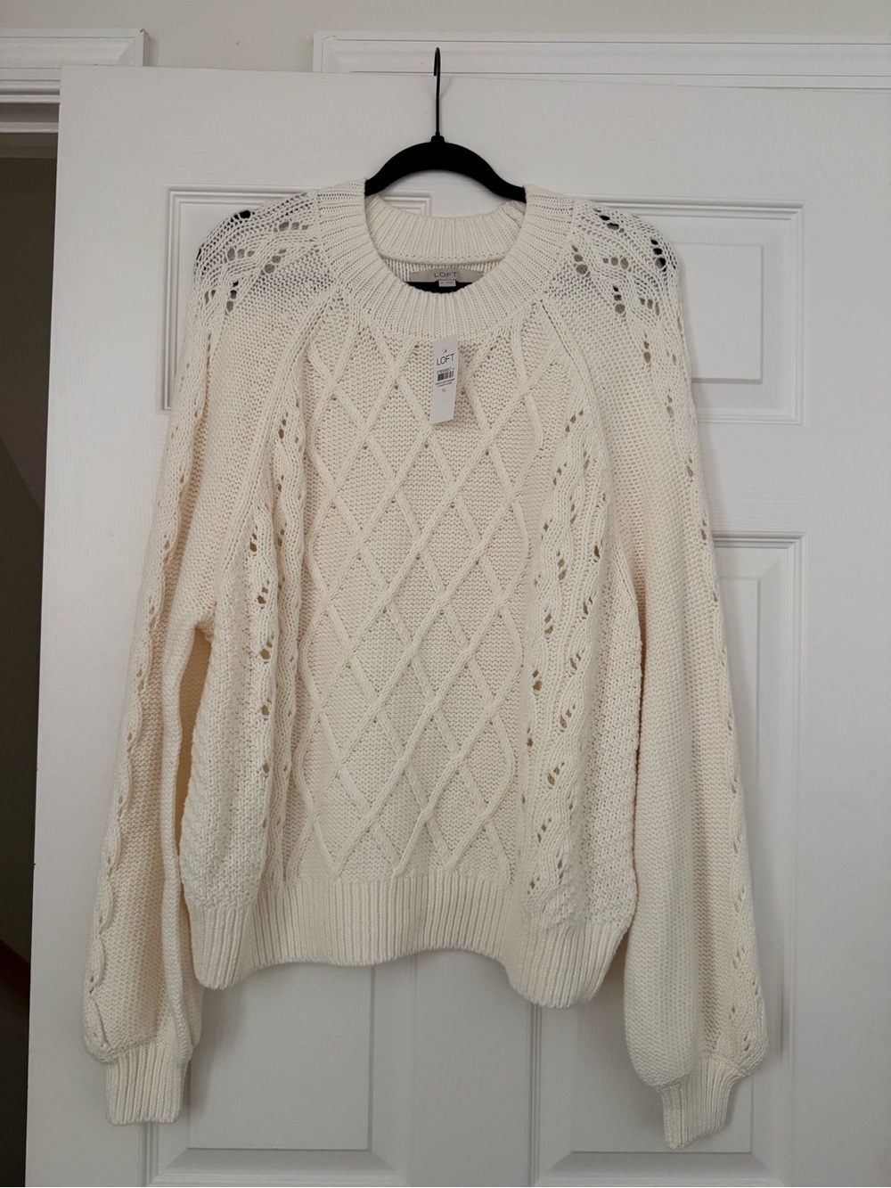 LOFT Cream Cable & Openwork Crewneck Sweater
